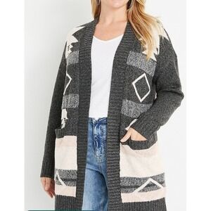 Maurices Women's SZ M. Grey southwestern Aztec boho‎ open front cardigan pockets